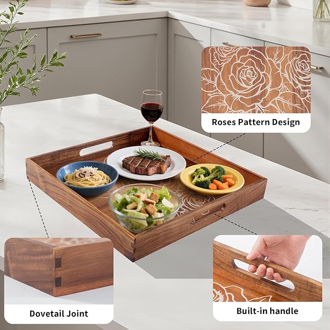 Ottoman Tray with Handles, 20 Inches Acacia Wood Serving Tray, Extra Large Tray for Ottoman Decorative Trays Serving for Living Room for Decorative, Coffee Table, Breakfast in Bed, Appetizers