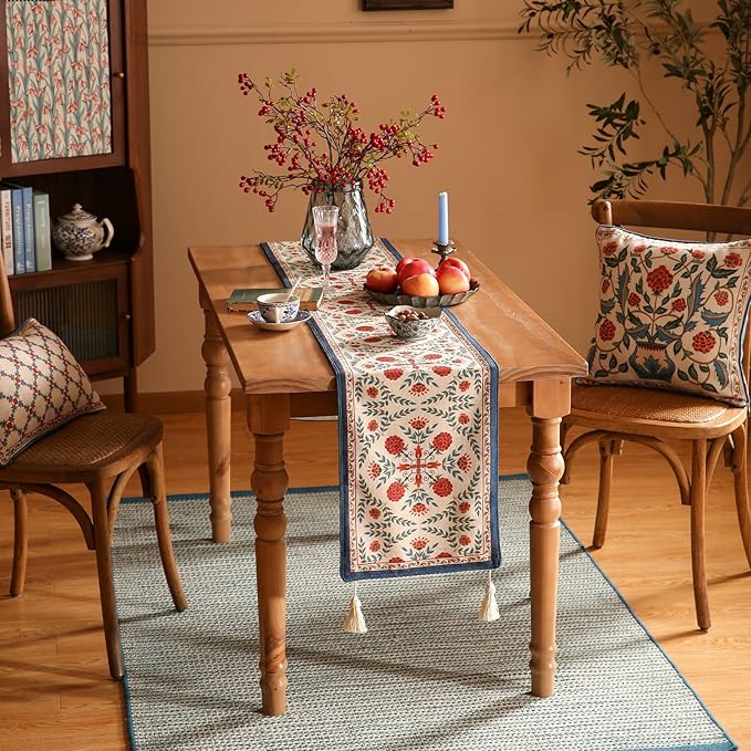 patdrea Designer Vintage Bright Farmhouse Linen Table Runner 87 Inch Long, Maroon Floral Pattern Table Mat, Decoration for Kitchen Dining Table Coffee Table Cabinet Banquet Christmas ,12"*87"