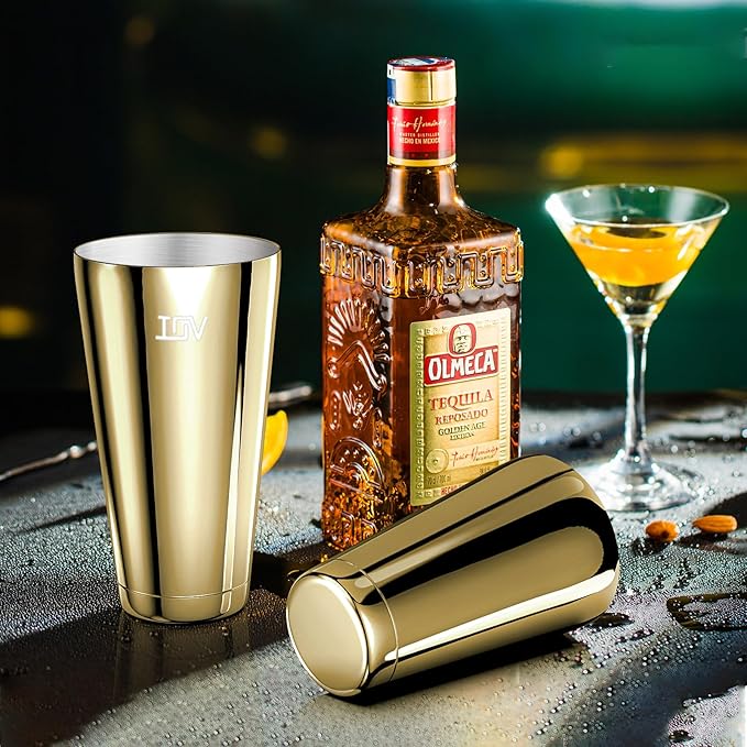 IOV Boston Cocktail Shaker Set, 18oz & 28oz Stainless Steel Weighted Shaker Tins, Metal Martini Drink Mixer for Bartending, Professional Bar Tools with Cocktail Recipe Guide, Gold