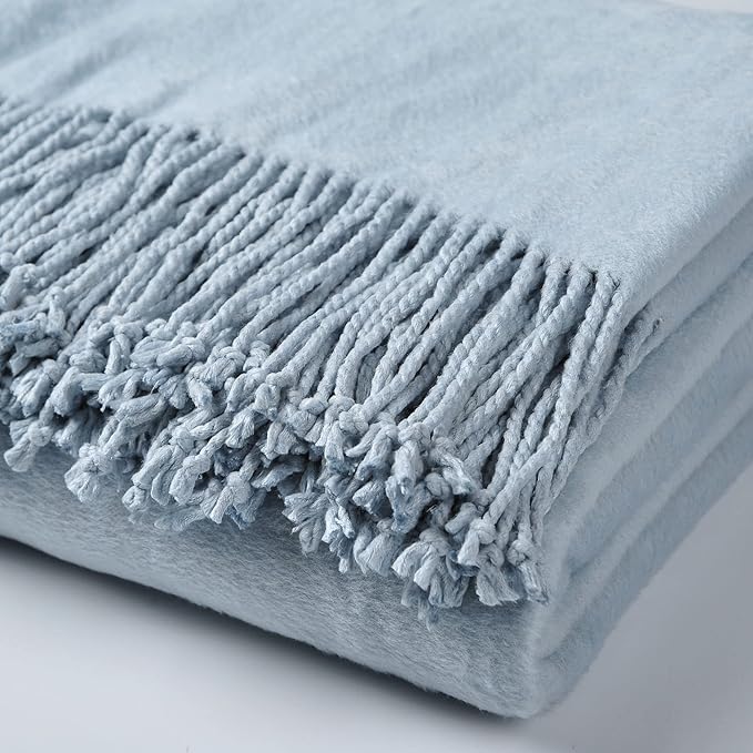 EP Mode Fringed Mulberry Silk Throw Blanket for Sofa (Baby Blue)