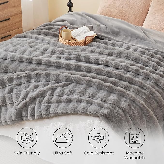 Cozy Bliss Fluffy Faux Fur Blanket Queen Size for Bed, Fuzzy Soft Striped Plush Blanket, Thick Throw for Bedroom Couch Gift, 90x90 Inches Grey