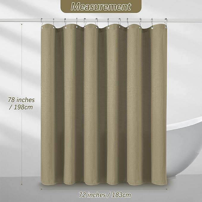 Shower Curtain Taupe Waffle Textured, 256GSM Heavy Duty Weighted Fabric Shower Curtains, Hotel Quality Luxury Polyester Water Repellent Bathroom Curtain with 12 Hooks, 72Wx78H