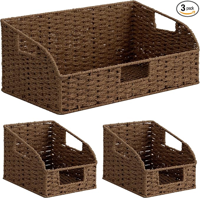 StorageWorks Paper Rope Pantry Storage Baskets, Wicker Baskets with Built-in Handles, Handwoven Shelf Baskets for Organizing, Pantry Organizers and Storage, Brown, 3 Pack