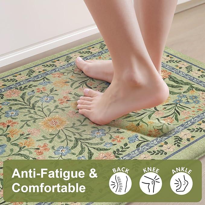 Collive Green Kitchen Mats for Floor, Cushioned Anti Fatigue Mat Non Skid Waterproof Kitchen Rugs Set of 2, Beige Vintage Comfort Standing Desk Rug for Office, Sink, Laundry, 17"x30"+17"x59"