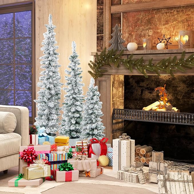 GOFLAME Set of 3 Potted Christmas Tree Snow Flocked, 3’ 4’ 5’ Slim Pencil Trees with 120, 140, 160 Branch Tips & Cement-Filled Metal Bases, Artificial Entrance Xmas Trees for Porch, Front Door