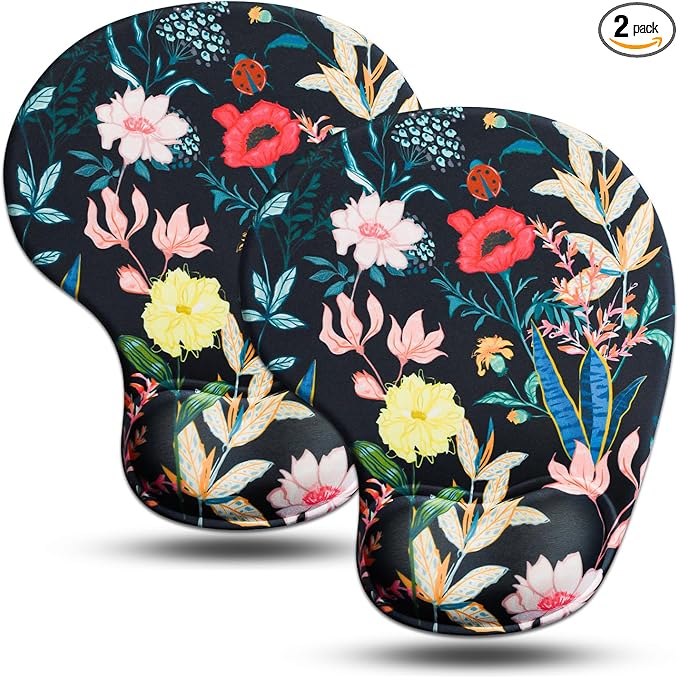 JIKIOU Mouse Pad, 2 Pack Ergonomic Mouse Pads with Comfortable Gel Wrist Rest Support and Smooth Cloth, Non-Slip PU Base for Easy Typing Pain Relief Durable and Easy to Clean Small Black Flowers