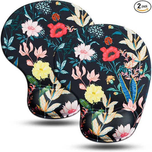JIKIOU Mouse Pad, 2 Pack Ergonomic Mouse Pads with Comfortable Gel Wrist Rest Support and Smooth Cloth, Non-Slip PU Base for Easy Typing Pain Relief Durable and Easy to Clean Small Black Flowers