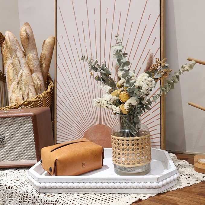 Whitewashed Wood Serving Tray with Beads, Farmhouse Decorative Tray for Table Centerpiece, Christmas Wedding Halloween Home Decor