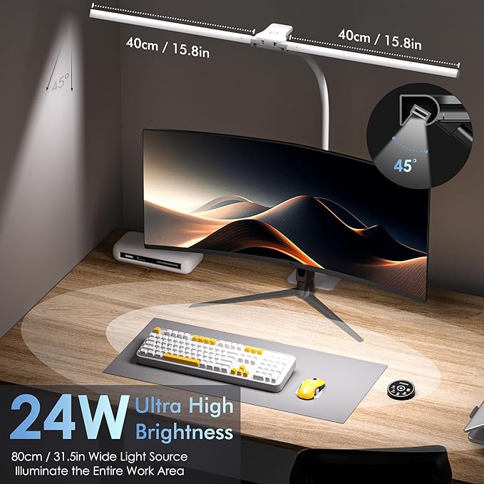 Desk Lamp with Metal Base, 31.5" LED Office Lamp for Home Office, 24W Double Head Desk Light, Dimmable & Color Temperature, Table Lamp with Remote Control, Brightest Computer Monitor Light