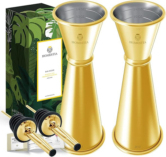 Homestia 2PCS Double Jigger & Cocktail Jigger Stainless Steel 1 oz 2 oz Alchohol Measuring Tools, Japanese Jigger with Measurements Inside for Bartending - Bar Tools for Bartender (Gold)