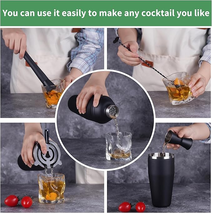 Cocktail Shaker Set Bartender Kit,5 Piece Bar Set Stainless Steel Bar Tools Set for Professional Bartender and Home (Matte Black, 5-Piece)