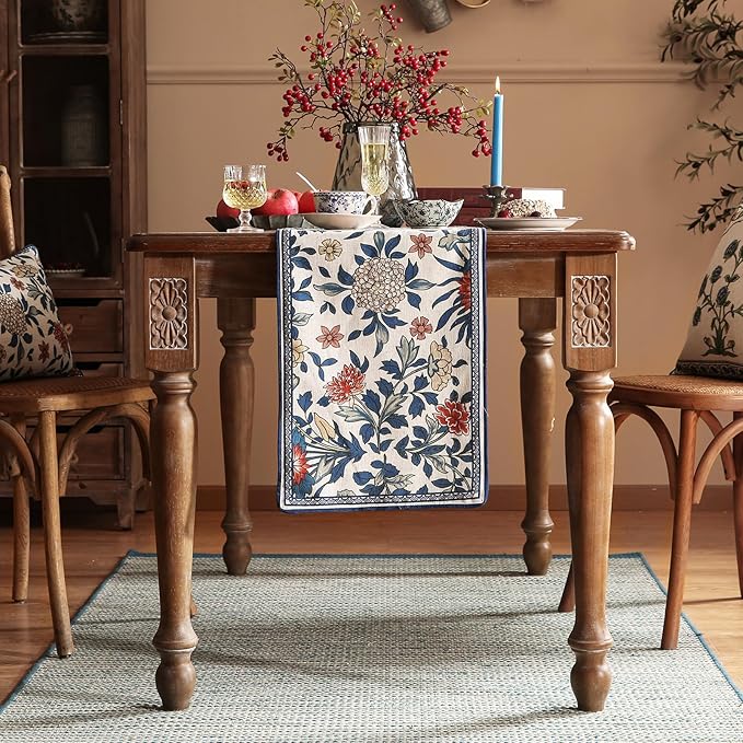 patdrea Designer Blue Cottage Rustic Floral Patterned Linen Table Runner 102 Inch Long,Wrinkle Resistant Table Mat,Decoration for Kitchen Dining and Coffee Tables Banquet Christmas ,12"x102"