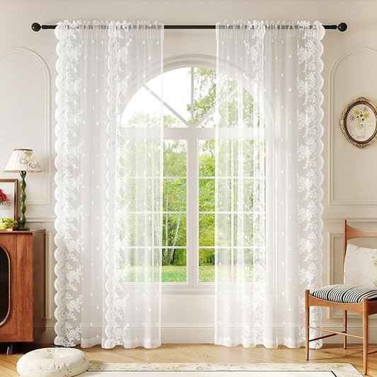White Sheer Curtains – Vintage Floral Lace for Bedroom/Living Room, Airy Light Filtering Rod Pocket Drapes, Privacy Elegant Chic Victorian Pattern Design, 52W x 96L Inch, 2-Panel Set