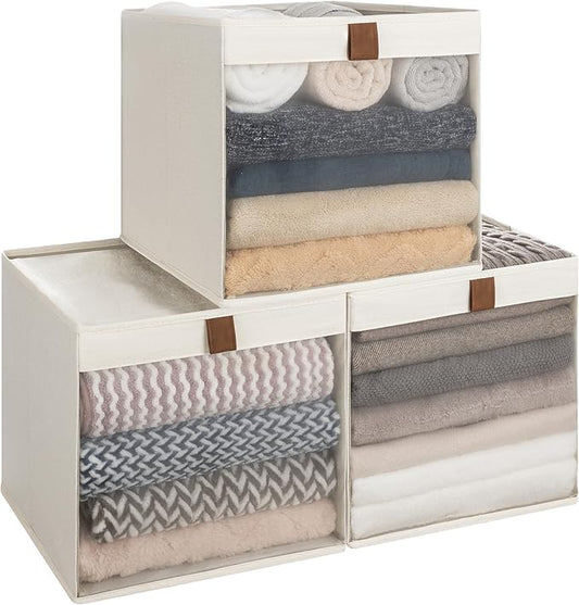 StorageWorks 13x13 Storage Cubes, Closet Storage Bins with Clear Window, Large Fabric Organizer for Clothes, Collapsible Storage Baskets with PU Handles, Beige, 3-Pack