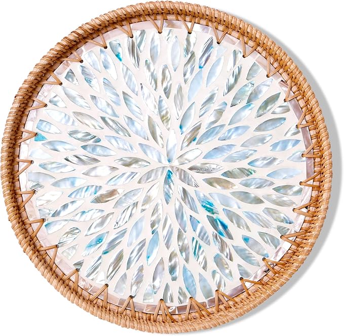 Round Rattan Tray with Mother of Pearl Inlay & Wooden Base - Decorative Wicker Serving Tray for Coffee/Bread/Fruits, Food Storage & Display - Multipurpose Home Decor (M,Colorful Leaves)