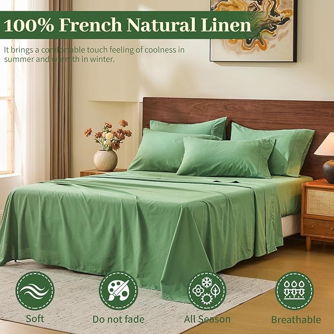 MEISHANG 100% French Pure Linen Sheets California King - Bed Sheets 4 Piece Sets, Soft Durable Flax Linen, Anti-Tear Breathable Oeko-Tex Certified with 16" Deep Pocket (Sage Green)