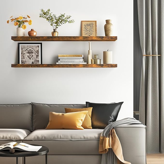 BAYKA Floating Shelves, 48 inch Wall Mounted Rustic Wood Shelves for Bathroom, Bedroom, Living Room, Kitchen, Office, Hanging Shelf for Books/Storage/Decor(Rustic Brown,Set of 2)