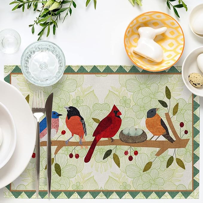 Seliem Spring Birds Tree Branches Placemats Set of 4, Cardinal Bluebird Bullfinch Dining Table Place Mats, Summer Seasonal Farmhouse Kitchen Decor Home Decoration 12 x 18 Inch