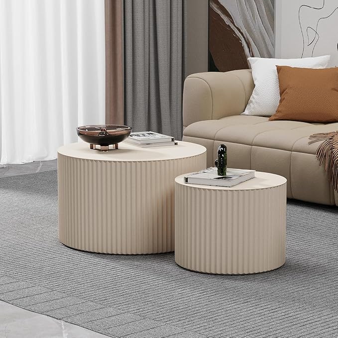 Nesting Coffee Tables Set of 2 Wooden Round Coffee Table Circle Nesting Table Space-Saving Design Modern Coffee Table Round Accent Tables Set for Living Room Bedroom Office (White B D18.9+D15)