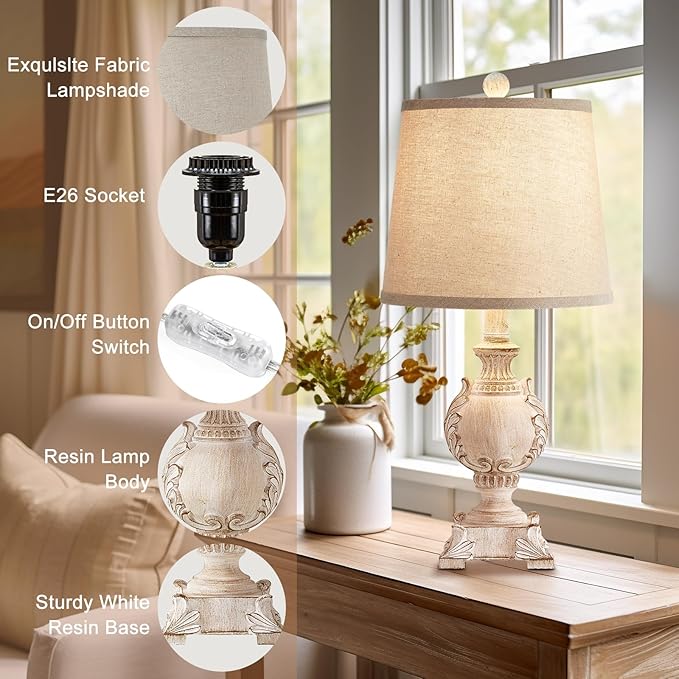 21'' Small Table Lamps Set of 2 Farmhouse Bedside Lamps for Bedroom Nightstand Vintage Carved Floral Side Table Lamps for Living Room Kids Home Office, Wooden Finish, Bulb Not Include