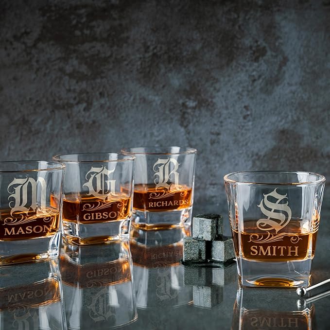 Amazing Items Set of 3 - Whiskey Gifts for Men, Personalized Whiskey Glasses w/Name & Initial - 9 Designs - 9 oz, Limited Edition Monogrammed Rocks Glasses for Whiskey, Dad Gifts