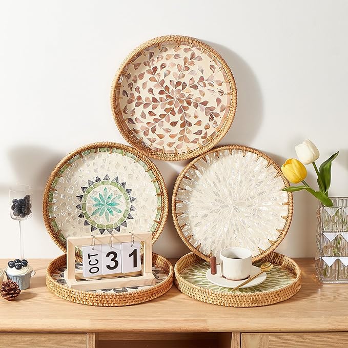 Round Rattan Tray with Mother of Pearl Inlay, Rattan Serving Tray with Wooden Base, Decorative Wicker Basket for Table Decor, Storage and Display of Coffee Bread Food Fruit (Bohemia)