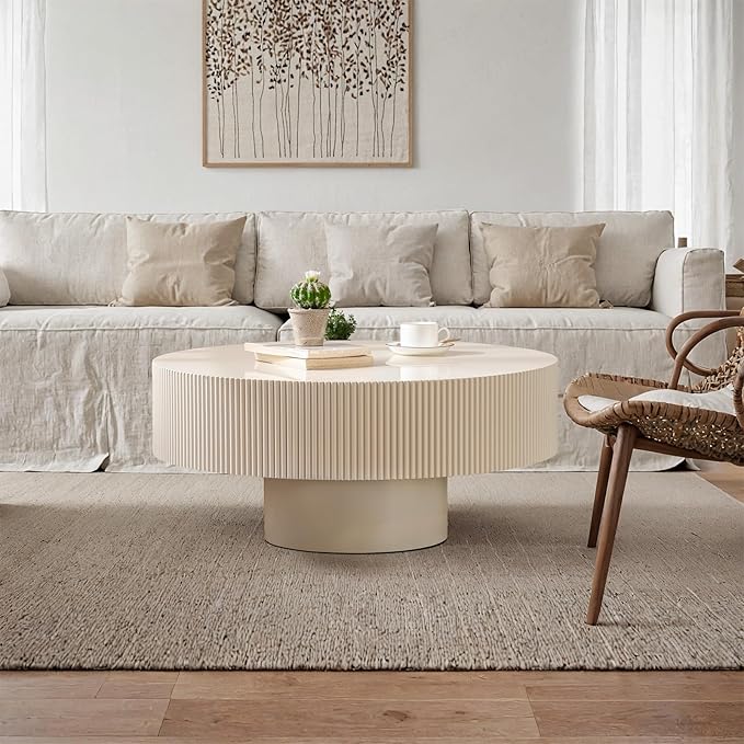 Modern Wood Round Coffee Table - Handcraft Drum Coffee Tables with Sturdy Base, Easy Assembly, Contemporary Style Small Coffee Table Tea Table for Living Room, Bedroom, Office (White Thick)