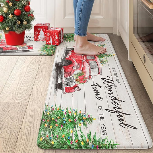 Christmas Truck Xmas Tree Kitchen Mat 2PCS, Cushioned Anti-Fatigue Non Skid Waterproof Kitchen Mats for Floor, Comfort Standing Mat Winter Decor for Office Desk Laundry, 17"x30"+17"x47"