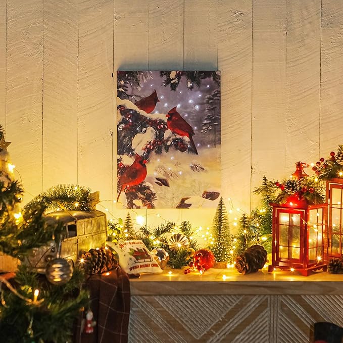 NIKKY HOME 12" x 16" LED Lighted Canvas Wall Art Prints Light Up Cardinal and Berries Artwork Winter Scene Picture for Holiday Decor