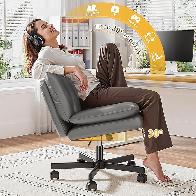 Armless Criss Cross Chair with Wheels, Leather Cross Legged Office Chair with 2-Layer Cushion,Swivel Modern Home Office Desk Chair 25.5" Wide Seat Height Adjustable for Craft Room,Vanity,Grey