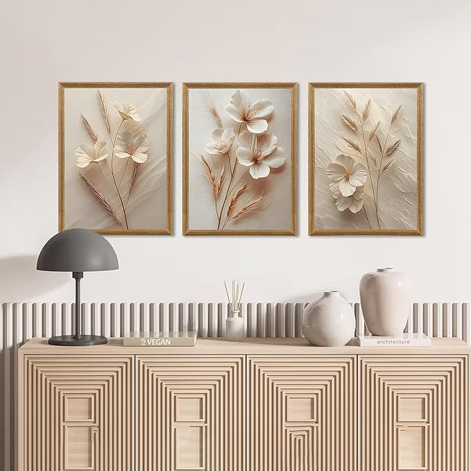arfitest 3Pcs framed Neutral Beige Floral Canvas Wall art Modern Simple Texture Flower Plant Painting Picture Wall Decor Vintage Blossom Poster Print for Living Room Bedroom Bathroom (12x16 inches)