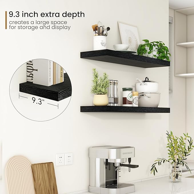 Fun Memories Floating Shelves - 9 Inch Deep Wall Shelf for Decor & Storage - Wall Mounted Display Shelving with Invisible Heavy-Duty Metal Bracket - 36" W x 9" D x 1.6" H - Set of 1 - Rustic Black