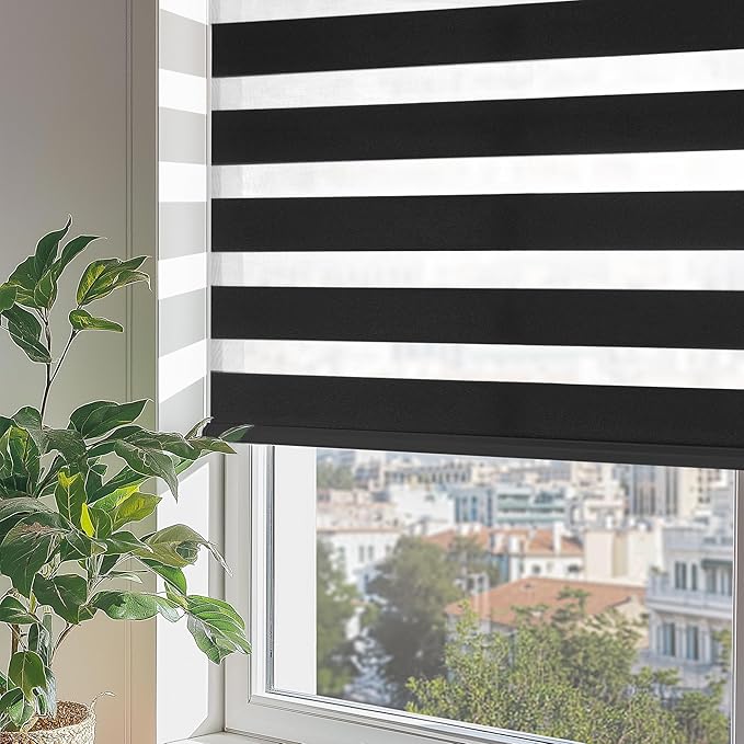 ChrisDowa Cordless Zebra Blinds for Windows, Dual Layer Free-Stop Light Filtering Window Roller Shades, Pull Down Privacy Zebra Shades for Home, Office, Bedroom, Door (38" W x 72" H, Black)