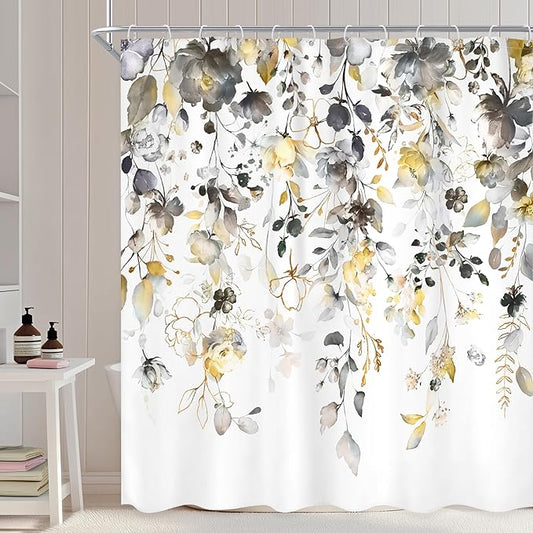 Yellow Grey Floral Shower Curtain 72Wx72L Inch Gray Flower Pastel Rustic Eucalyptus Leaf Watercolor Country Bathroom Set Plant Botanical Bath Curtain Bathtub Accessories Home Decor
