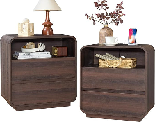 Modern Nightstand Set of 2, 23.2" Wide Wood Bedside Table with Charging Station, 2 Storage Drawers Side Table Curved Profile, Handleless, Large End Table Night Stand for Bedroom, Walnut