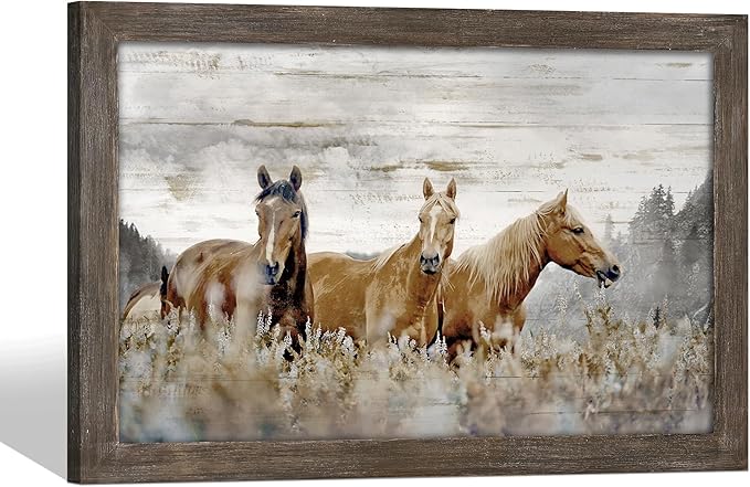 Horse Wall Art Rustic Decor: Framed Wild Animal Wooden Picture Brown Horses Portrait Print Painting Western Wildlife Artwork for Bedroom Home Office 36 x 24 Inches