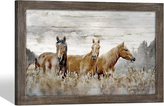 Horse Wall Art Rustic Decor: Framed Wild Animal Wooden Picture Brown Horses Portrait Print Painting Western Wildlife Artwork for Bedroom Home Office 36 x 24 Inches