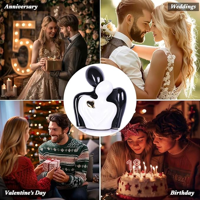 Mini Couple Statue Tv Stand Decor Items for Living Room,Bedroom Decor for Couples Sculpture Knick Knacks for Shelves,Couple Gifts for Her,Show Pieces for Home Decor (Black and White Gold Heart)