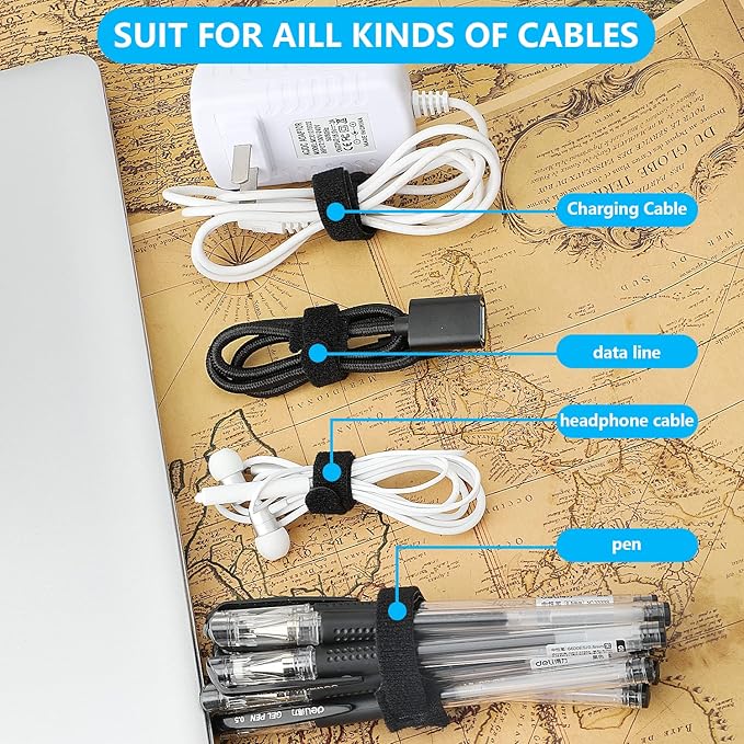 Pasow 60pcs Fastening Microfiber Cloth Cable Ties Wire Management(6/7/8 Inch, Black)