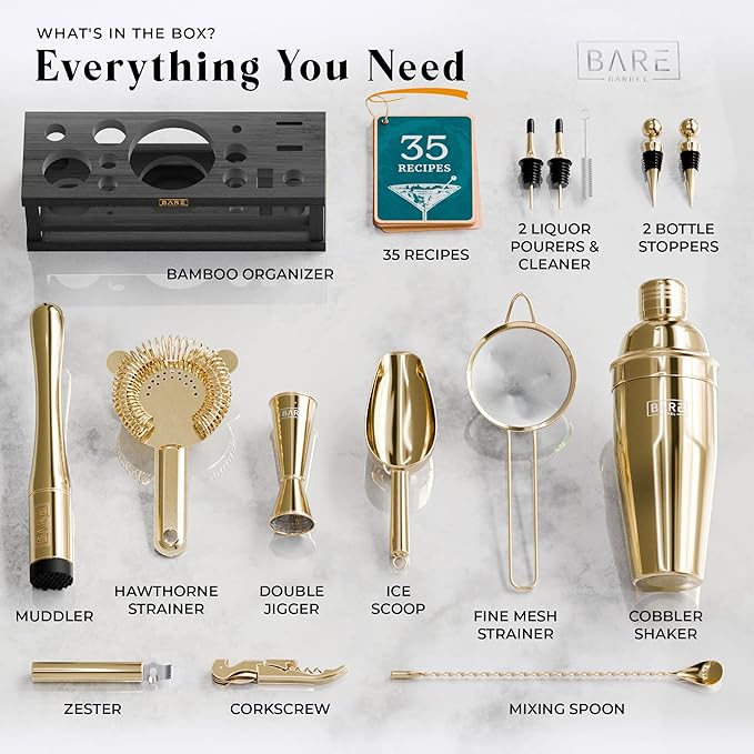 BARE BARREL® Mixology Bartender Kit Bar Set | 16-Piece Cocktail Shaker Set | Martini Barware Mixing Tools for Home Bartending | Incl. 35 Recipe Cards | Gift Set (24oz Cobbler Shaker, Gold/Black)