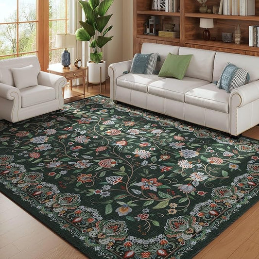 Rugcomf Vintage Paisley Rugs for Living Room 5'x7' - Machine Washable Area Rug, Non-Slip Low Pile Floral Carpet for Bedroom, Dining Room, Farmhouse, Office, Kids Playroom - Green