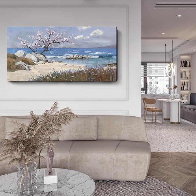 amatop Large Coastal Wall Art Prints– Blue Ocean Beach Abstract Landscape Canvas Picture Pink Floral Tree Cherry Blossom Nature Decorative Artwork for Living Room Bedroom Office Home Decor 48x24 In