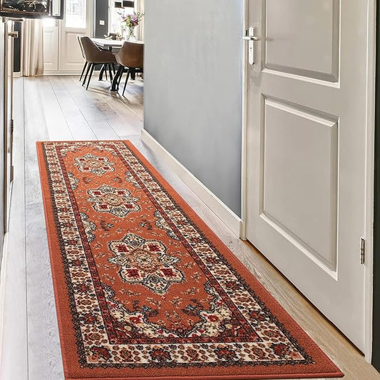 Antep Rugs Alfombras Oriental Traditional 2x7 Non-Skid (Non-Slip) Low Profile Pile Rubber Backing Indoor Runner Rugs (Rust Brown, 2' x 7')