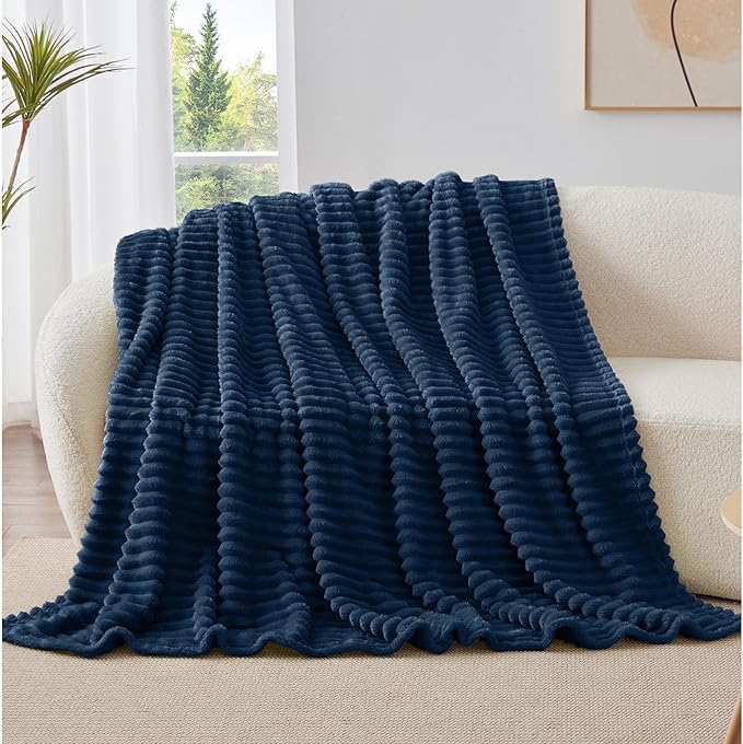 BEDELITE Twin Blanket for Couch & Bed, 300GSM Soft & Warm Fleece Blanket, Decorative and Giftable Striped Navy Blankets for Women, Men, 60"x80"