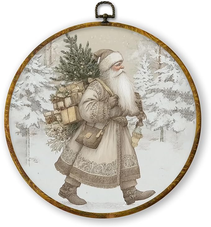 QZQE Vintage Christmas Santa Round Wall Art Decor Framed, Antique Christmas Circle Canvas Prints, Rustic Winter Neutral Xmas Santa Circular Wall Hanging Decor for Home Bedroom Living Room, 10x10 Inch