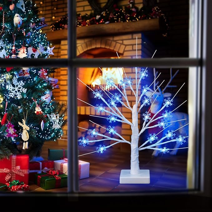 Retisee Snowflake Tree LED Light with 24 LED Lights Timer USB Battery Operated Christmas Snow Indoor Outdoor for Home Table Party Decor(Blue Color,Snowflake)