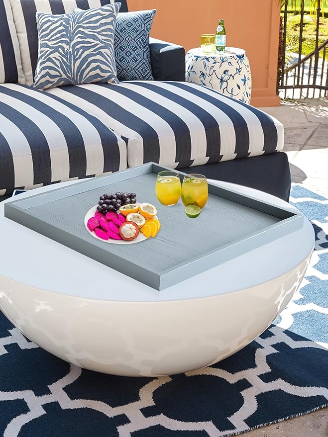 Square Ottoman Table Tray 24" - Rustic Wooden Serving Tray for Farmhouse Decorative Oversized Coffee Table Trays Living Room Kitchen Counter Breakfast Grey