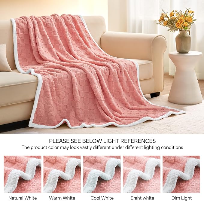 BEDELITE Super Soft Throw Blanket for Couch and Bed, Lightweight Cozy Fluffy Decorative 3D Checkered Blanket, Warm and Fuzzy Fleece Blanket for Camping, Travel(Pink, 50"x60")