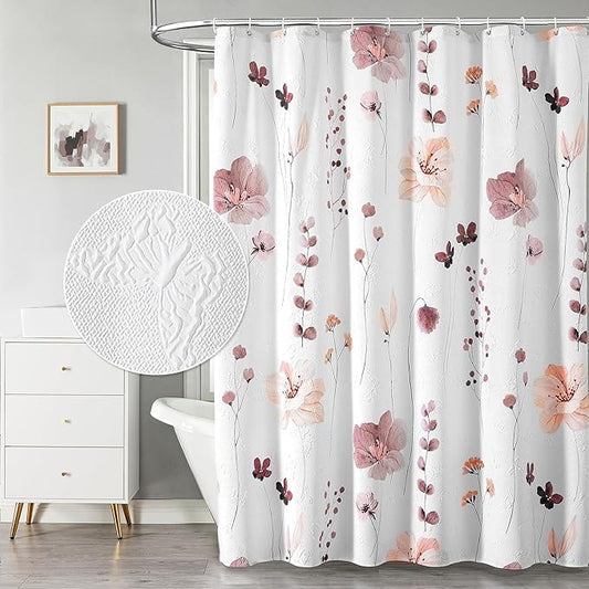 QiyI Watercolor Floral Shower Curtain, 3D Embossed Butterflies Pink Brown Flower Bathroom Curtain, Minimalist White Cloth Bath Curtain, Waterproof Fabric Textured Shower Curtain Set with Hooks, 72x72