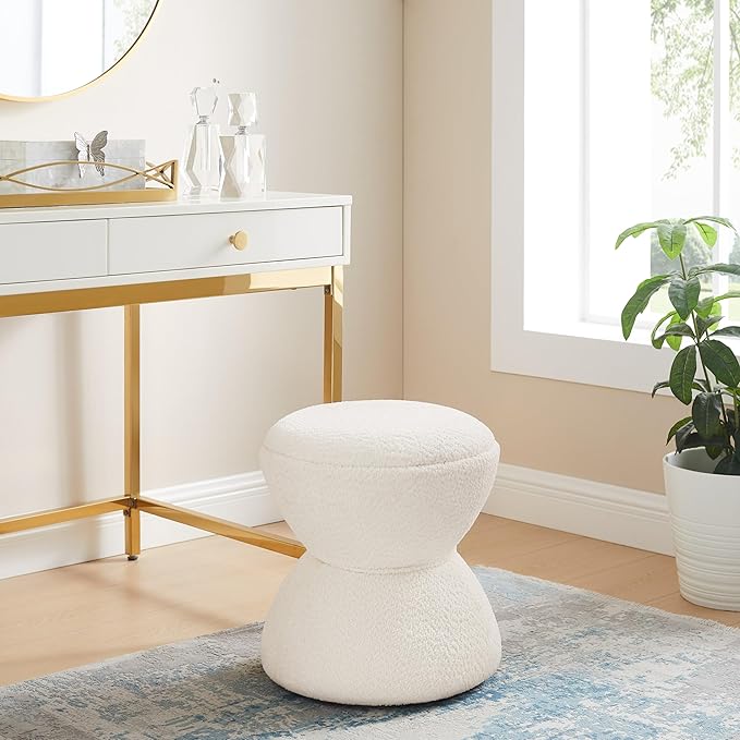 Multi-Functional Boucle Ottoman, Vanity Stool Chair, Sturdy Wooden Footstool, Suitable for Living Room, Bedroom, and Entryway, Without Installation, White